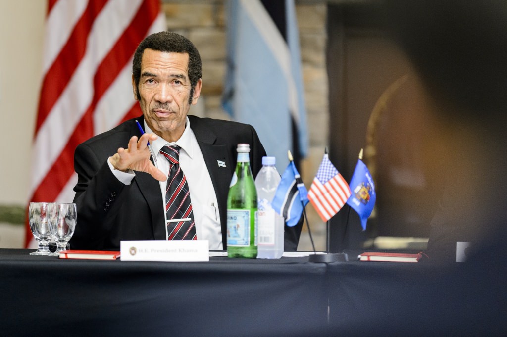 Ian Khama, president of the Republic of Botswana, answers questions from members of a round-table discussion session hosted by the Division of International Studies at the Pyle Center at the University of Wisconsin-Madison on July 28, 2017. Earlier in the day, President Khama was presented with a Global Citizen Award. (Photo by Bryce Richter / UW-Madison)