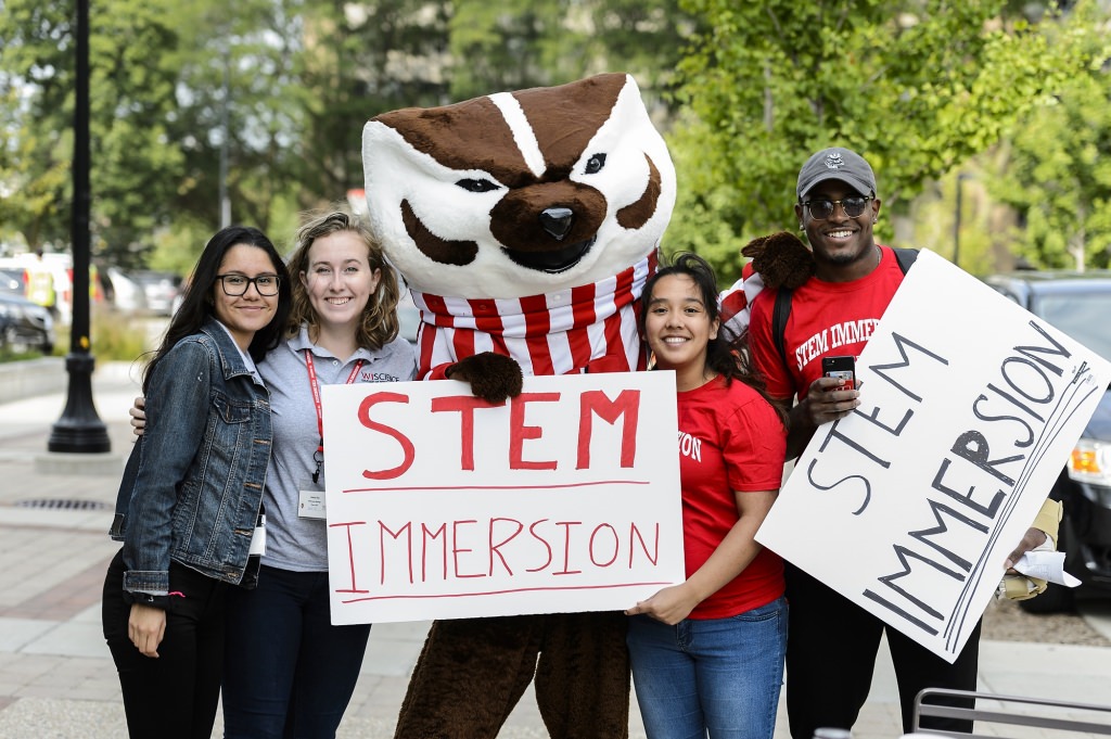 Photo: Bucky poses with Stem Immersion students