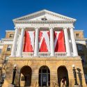 Photo: W banners hanging from Bascom Hall portico