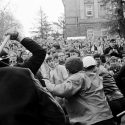 A Madison police officer raises his nightstick during the violent melee that ensued on the UW–Madison campus after officers forcibly cleared anti-Dow protesters from the Commerce Building on Oct. 18, 1967. 

