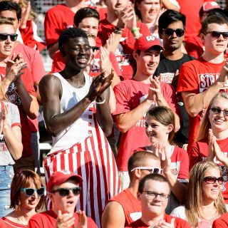 UW students cheer during the fifth quarter celebration following the UW Homecoming football games versus Maryland inside Camp Randall Stadium at the University of Wisconsin-Madison on Oct. 21, 2017. The Badgers won the game 38-13. (Photo by Bryce Richter / UW-Madison)