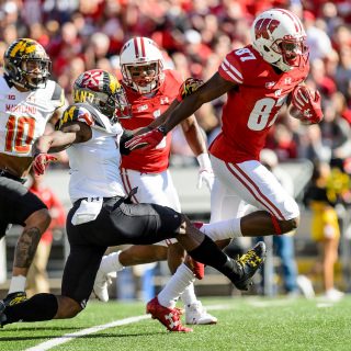 UW wide receiver Quintez Cephus (#87) runs with the ball after catching a pass from quarterback Alex Hornibrook (#12) during the UW Homecoming football games versus Maryland inside Camp Randall Stadium at the University of Wisconsin-Madison on Oct. 21, 2017. The Badgers won the game 38-13. (Photo by Bryce Richter / UW-Madison)