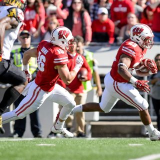 UW running back Jonathan Taylor (#23) runs towards the end zone during the UW Homecoming football games against Maryland inside Camp Randall Stadium at the University of Wisconsin-Madison on Oct. 21, 2017. The Badgers won the game 38-13. (Photo by Bryce Richter / UW-Madison)