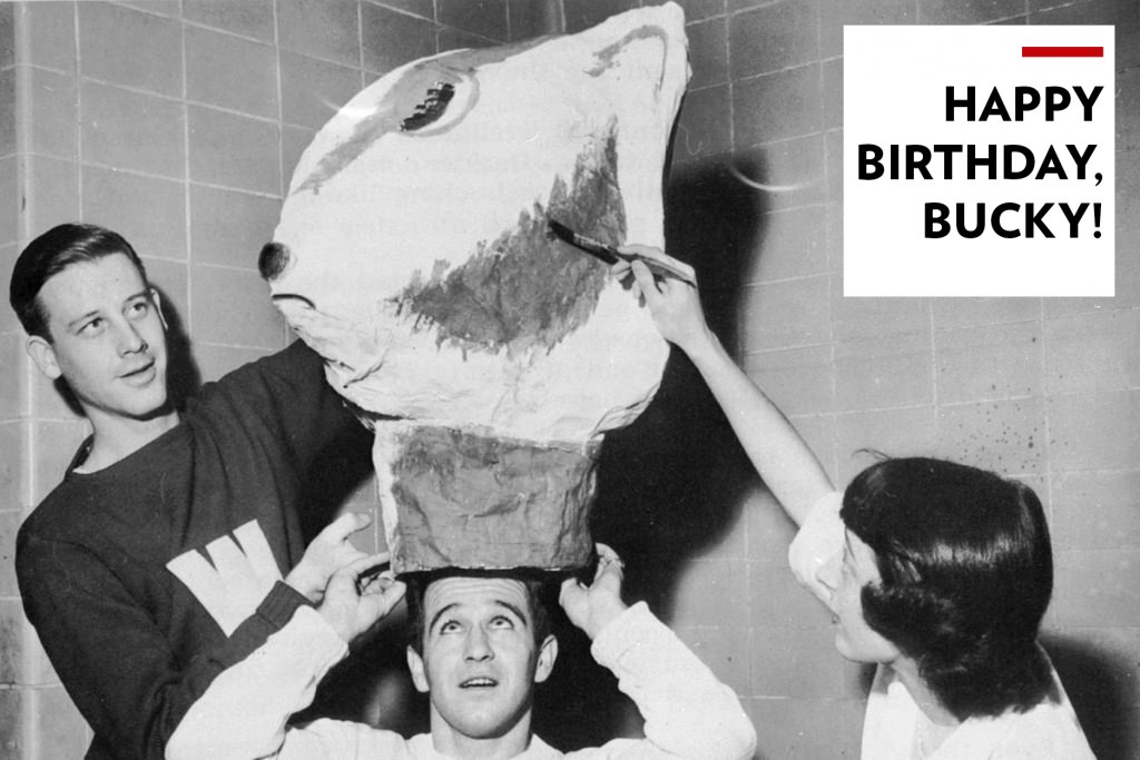 Bill Sagal, the first human Bucky Badger mascot is assisted by Bill Sachse and Connie Conrad, who constructed 