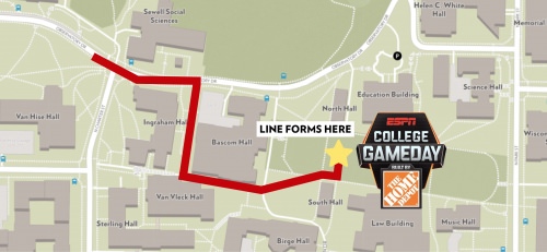 Map of Bascom Hill showing that line for College GameDay spectators will form near South Hall.