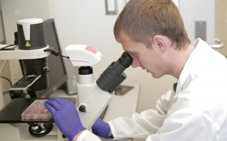 Photo: Jared Carlson-Stevermer looking into microscope