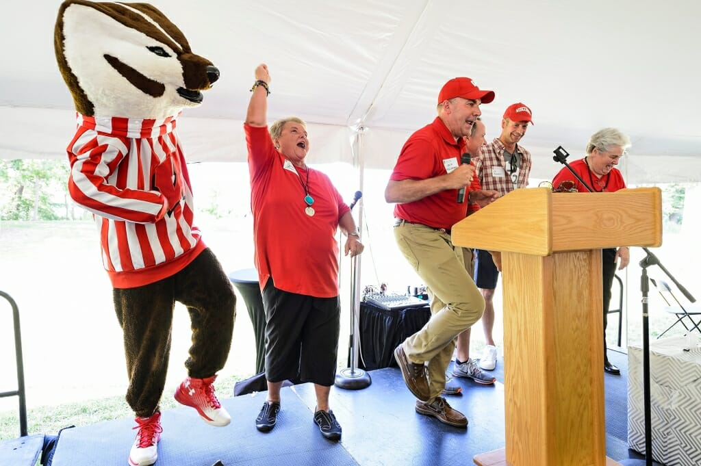 Photo: Bucky Badger and Paula Bonner leading a cheer