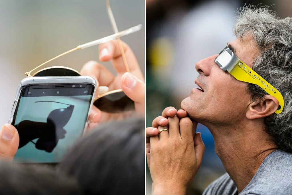 Photo: Closeups of cellphone and sunglasses (left) and man looking through eclipse glasses (right)