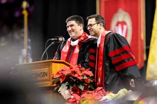 Keynote speakers Adam Horowitz '94, left, and Eddy Kitsis '93, a top Hollywood writing and producing team, kept the audience laughing.