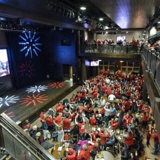 UW Badger fans gather together inside The Sett at Union South to watch the Big Ten Championship game between Wisconsin and Ohio State on Dec. 2, 2017. (Photo by Bryce Richter / UW-Madison)
