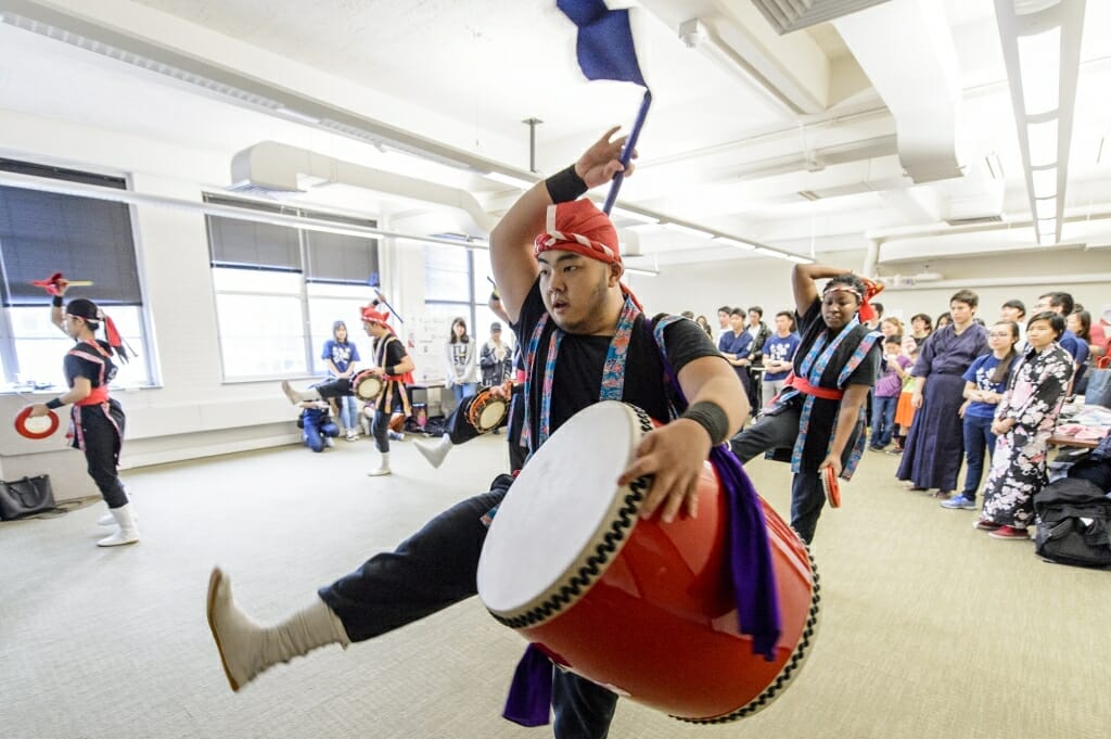 Members of Anaguma Eisa, the UW-Madison Okinawa taiko drumming club, perform during a Japanese Student Association (JSA) cultural celebration event inside Ingraham Hall at the University of Wisconsin-Madison on Dec. 2, 2017. The event was a collaborative effort with a number of UW student organizations to promote Asian culture. (Photo by Bryce Richter / UW-Madison)