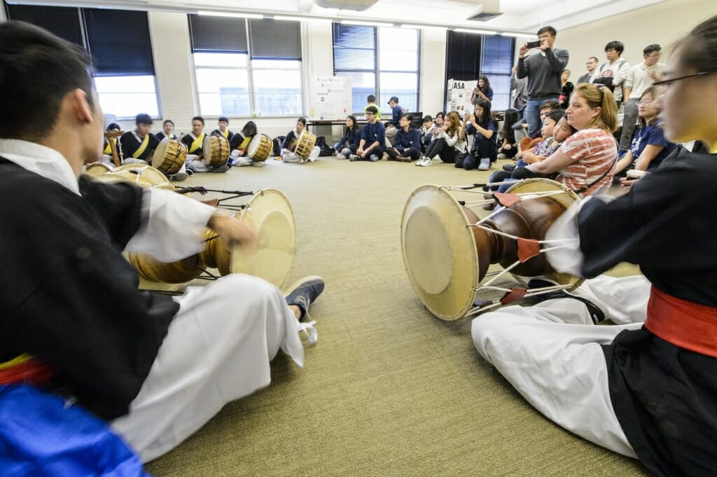 Members of Ulssu, the UW-Madison Korean traditional drumming and dance team, perform during a Japanese Student Association (JSA) cultural celebration event inside Ingraham Hall at the University of Wisconsin-Madison on Dec. 2, 2017. The event was a collaborative effort with a number of UW student organizations to promote Asian culture. (Photo by Bryce Richter / UW-Madison)
