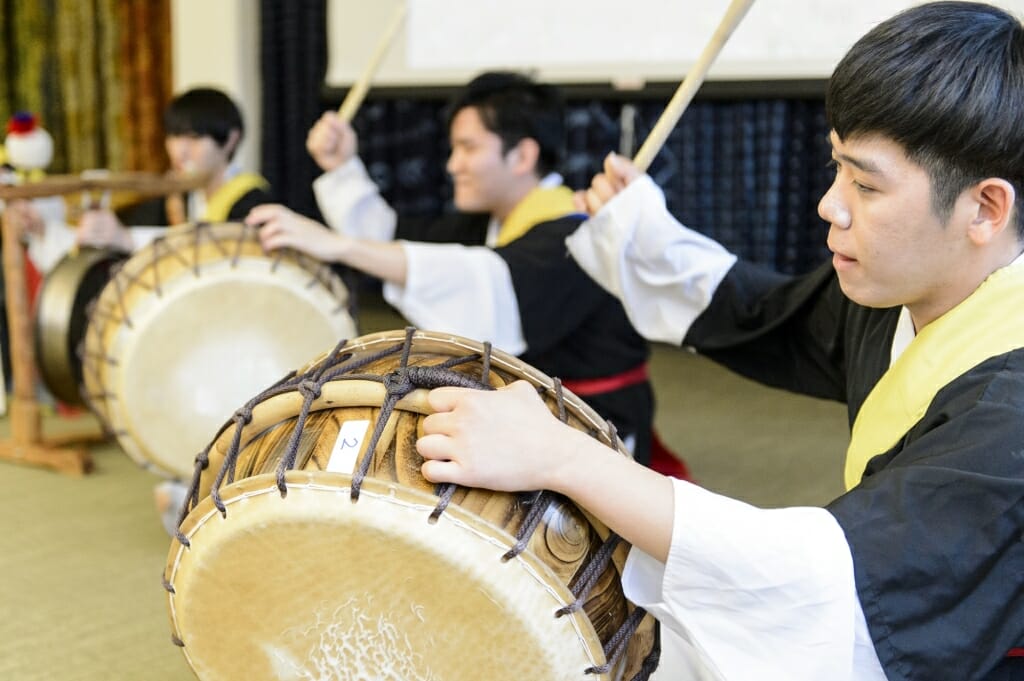 Members of Ulssu, the UW-Madison Korean drum team, perform during a Japanese Student Association (JSA) cultural celebration event inside Ingraham Hall at the University of Wisconsin-Madison on Dec. 2, 2017. The event was a collaborative effort with a number of UW student organizations to promote Asian culture. (Photo by Bryce Richter / UW-Madison)