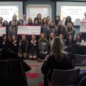 Student's in the School of Human Ecology's Philanthropy Lab class award checks to three charities. After consideration in the class, the students awarded $10,000 to Horizon High School, $15,000 to Malawi Children’s Village, and $25,000 to Maydm.
