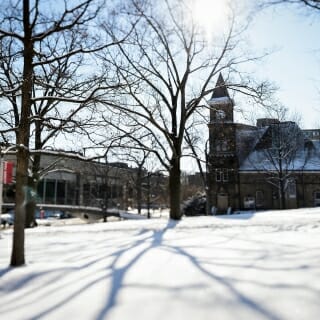 The roof of Music Hall's clock tower points toward the sky as morning sunlight casts shadows of bare tree branches upon a blanket of freshly-fallen snow on Bascom Hill at the University of Wisconsin-Madison during winter on Jan. 16, 2018. The photograph was made using a tilt/shift-focus lens. (Photo by Jeff Miller / UW-Madison)