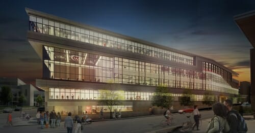 Image: Architect's rendering of Nicholas Recreation Center exterior at night