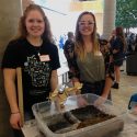 Michelle Dewitz, left, and Payton Bertrang, from Osseo Fairchild High School, with a display showing how a chemical like DDT spreads through the environment. “This was right up my alley,” said Bertrang. “I was excited to do an English project where our science knowledge came into play.” “Carson was ahead of her time,” said Dewitz, “and I enjoyed doing this for an English class.” 

