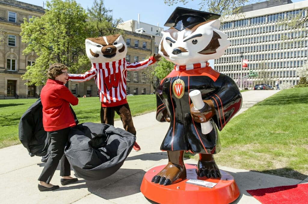 Photo of Bucky Badger and Chancellor Rebecca Blank pulingl back a black tarp to reveal the "Graduation Bucky" statue on Bascom Hill Monday.