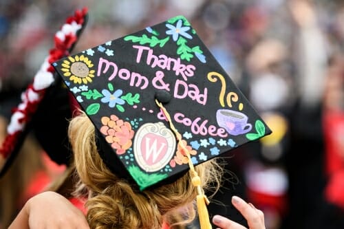 Photo of mortarboard thanking Mom, Dad and coffee.