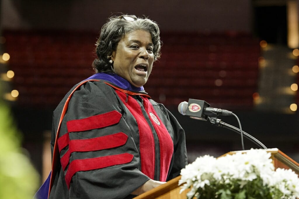 Photo of Linda Thomas-Greenfield, a longtime State Department leader, speaking to the crowd after receiving an honorary degree.