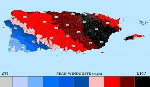 Graphic: Map with different-colored regions and legend with wind gust speeds