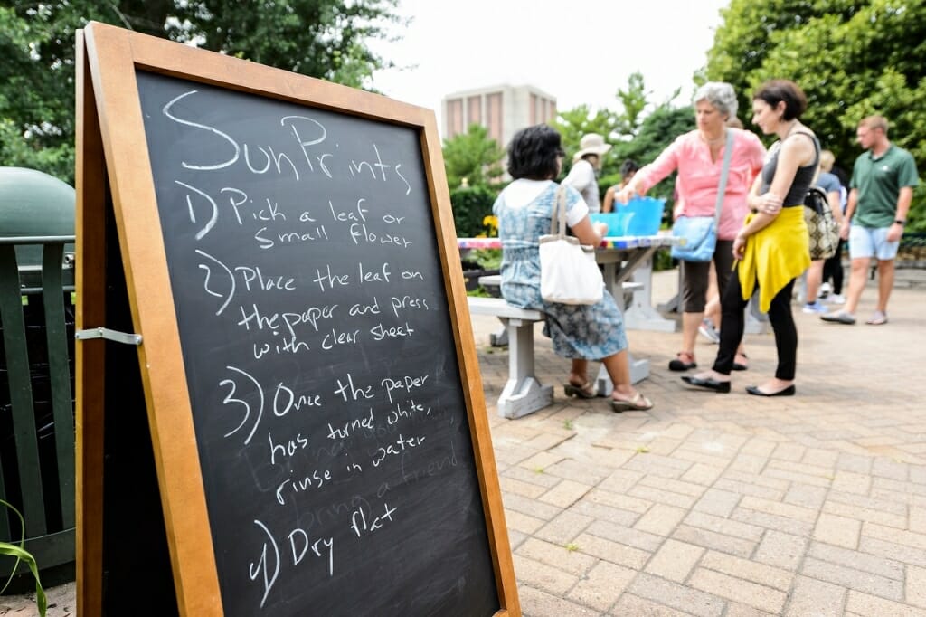 A chalkboard details the process for making a sunprint.