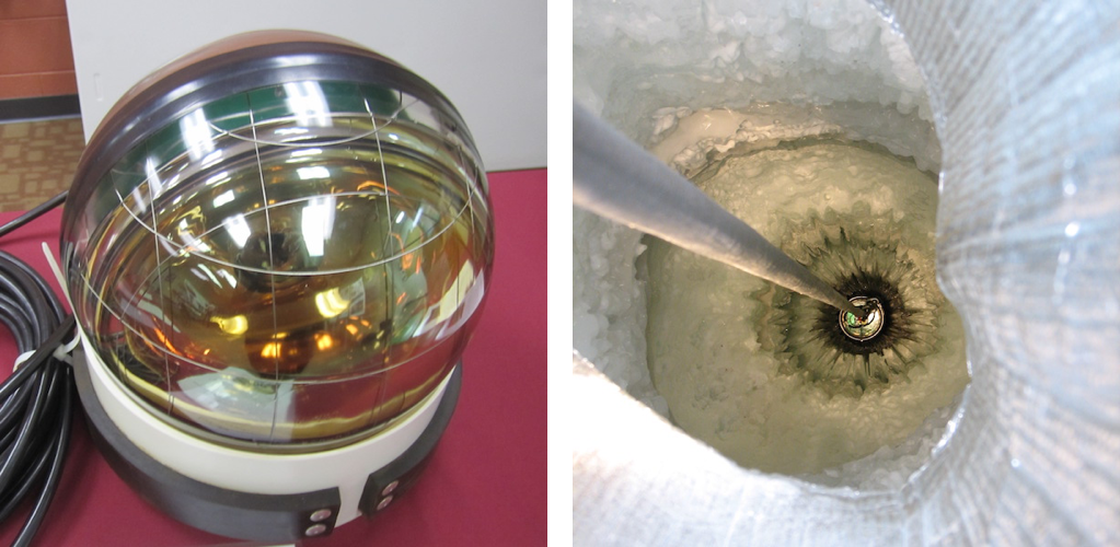 A photomultiplier tube is lowered into a hole in the ice