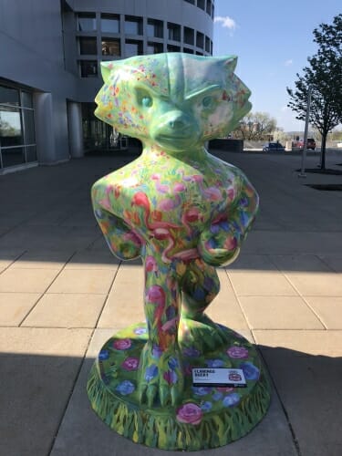 A photo of Flamingo Bucky outside of the UW Foundation. 