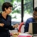 Lesley Sager, faculty associate in Design Studies, talks with undergraduate student Fuad Ahmed about his computer-aided design (CAD) for a portable garden prototype.
