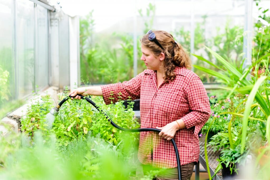 Photo: Woman spraying plants with water from a hose