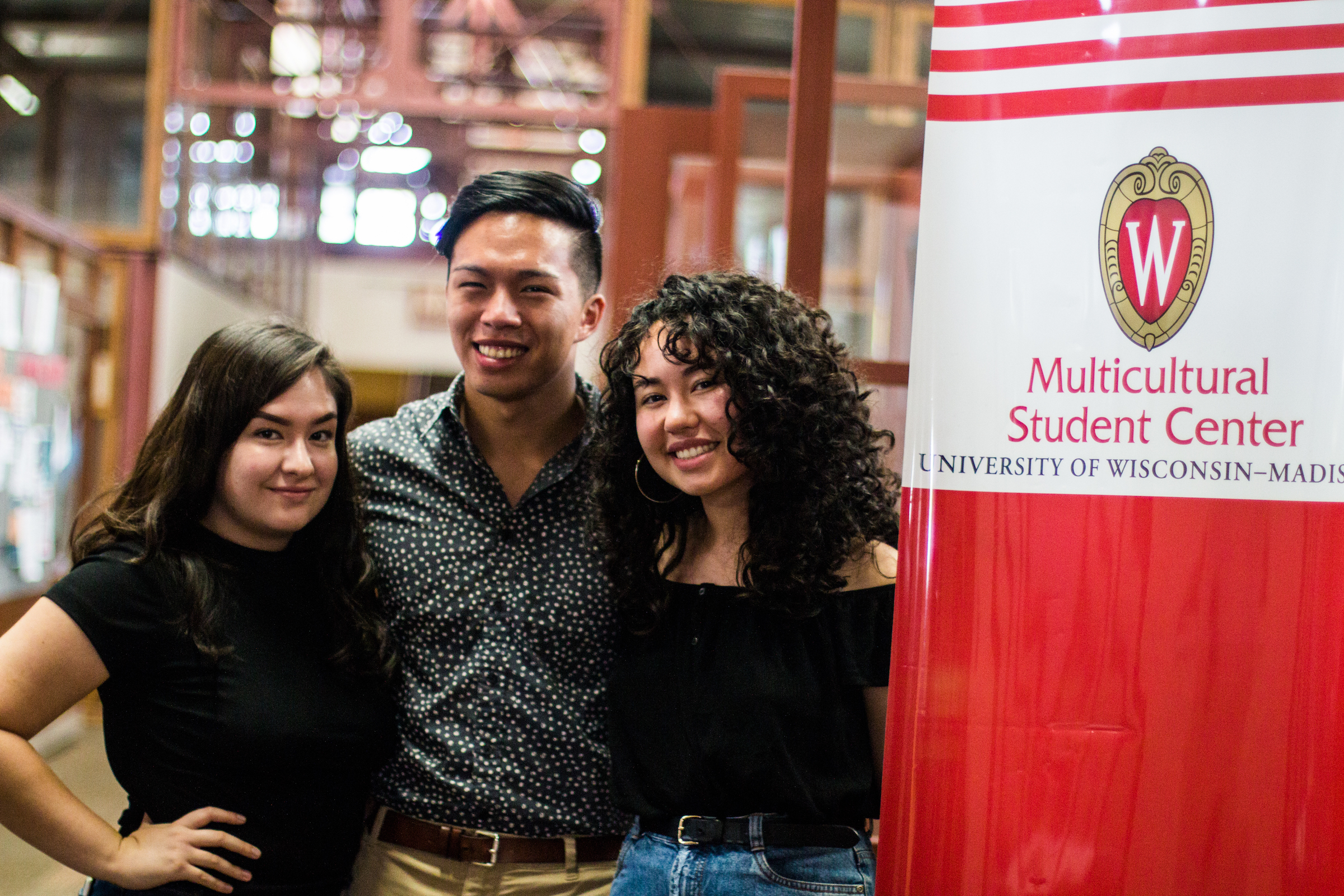 Photo of Michelle Navarro, left, Riley Tsang, center, and Alondra Avitia, who are among the UW–Madison students whose hard work and passion have led to the creation of two new cultural center startup spaces at the Red Gym. The spaces will be supported by the Multicultural Student Center, also housed at the Red Gym. (Photo by Beeki Gurung)