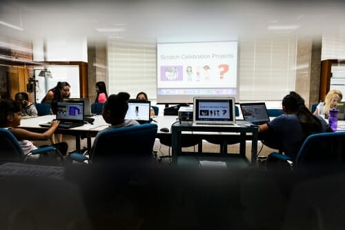 The 15 girls in the class like to use Scratch, which helps them use block coding to create their own characters, stories, movies and music videos. PHOTO: JEFF MILLER