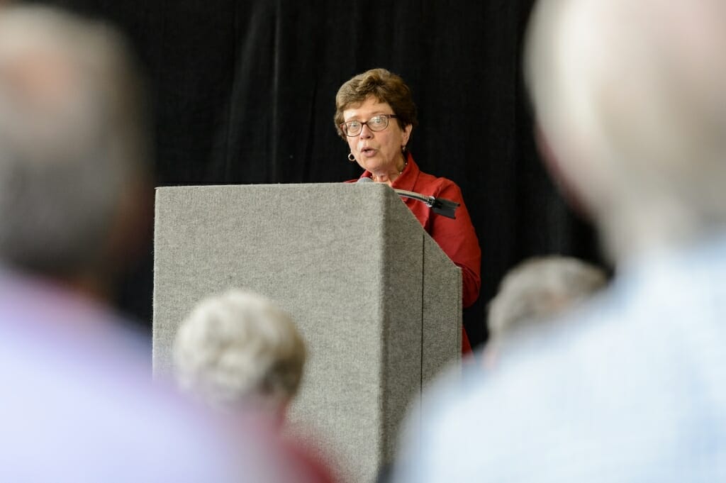 Rebecca Blank talks with the crowd.