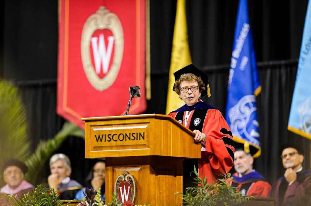 Chancellor Rebecca Blank speaks to thousands of first-year students.