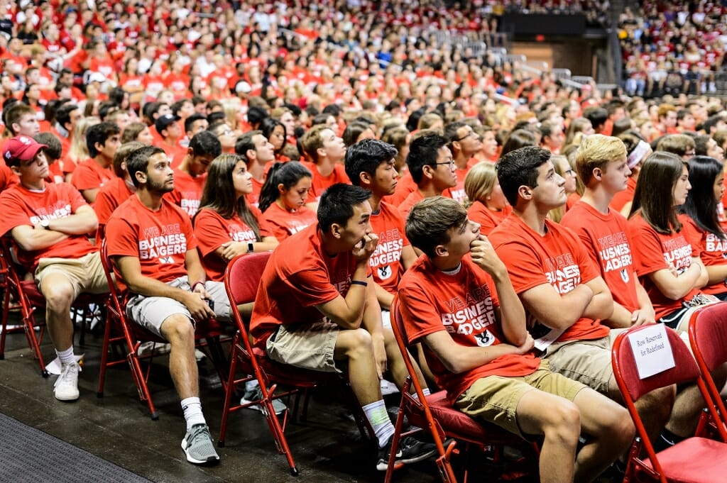 First-year students listen intently.