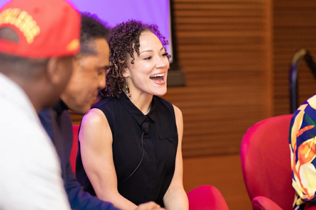 Rebecca Arends reacts during the RedTalk discussion. Arends graduated from UW-Madison in 2004, earning her degree in History and Afro-American Studies as a Powers Knapp scholar. Since then, Arends has become an accomplished professional dancer, choreographer, and educator.