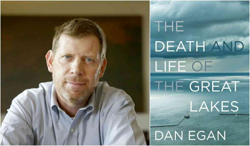 Photos: Portrait of Dan Egan next to picture of book cover