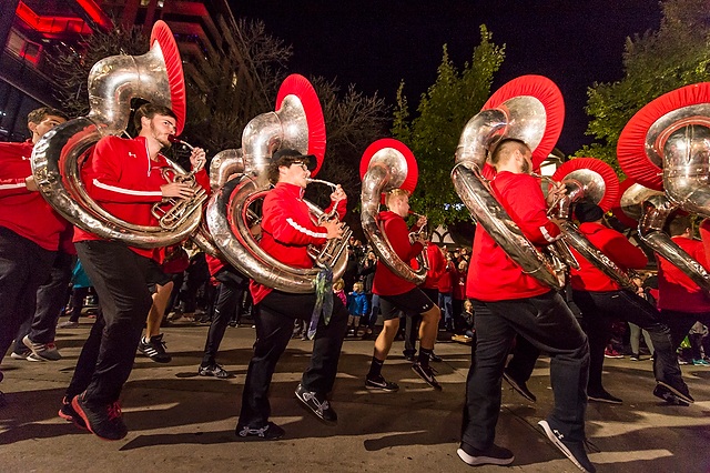 Members of the UW Marching Band perform at the Homecoming Parade.