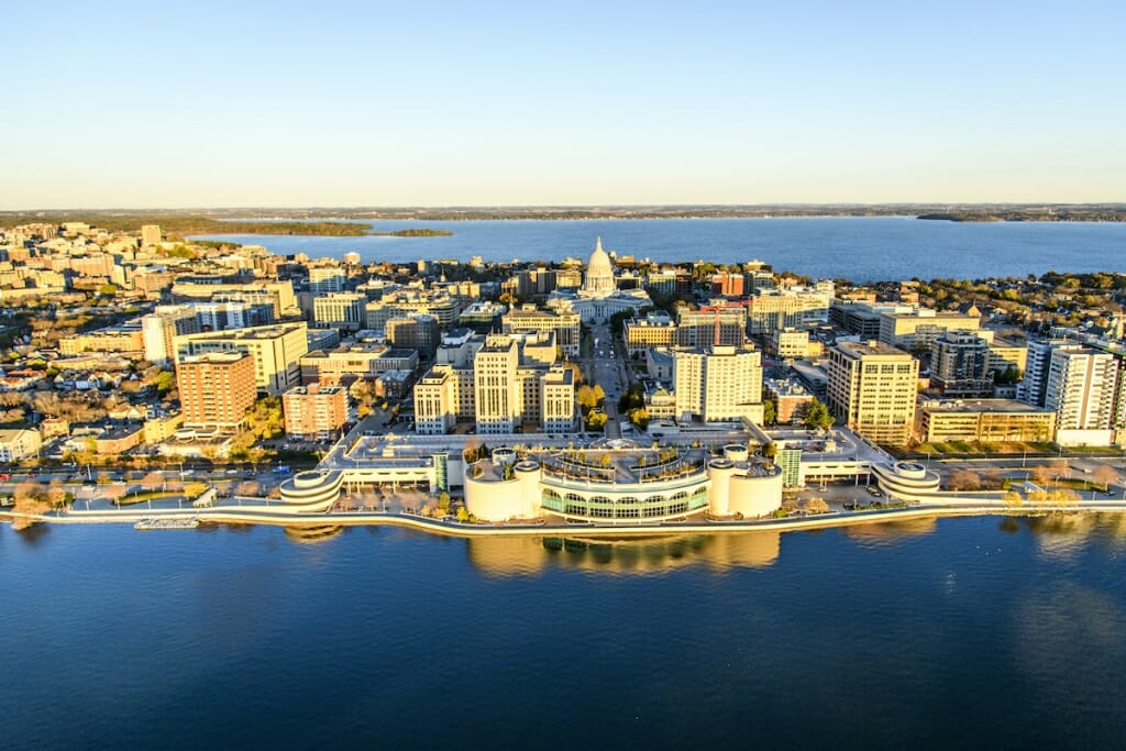 Photo: Aerial view of Monona Terrace, the Capitol and surrounding buildings