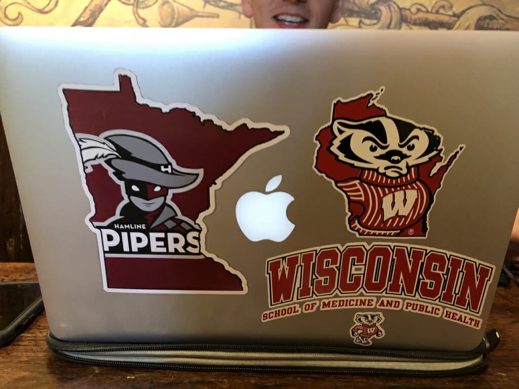 Second year physical therapy student Fernando Espinosa's laptop, which features two stickers, one from Hamline University in Minnesota and one from UW. 