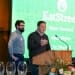 Photo of EatStreet CEO Matt Howard accepting the 2018 Entrepreneurial Achievement Awards on Nov. 14 with co-founders (from left) Alex Wyler and Eric Martell.
