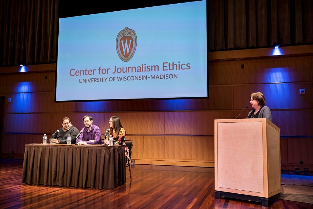 Photo of Kathleen Culver moderating the discussion.