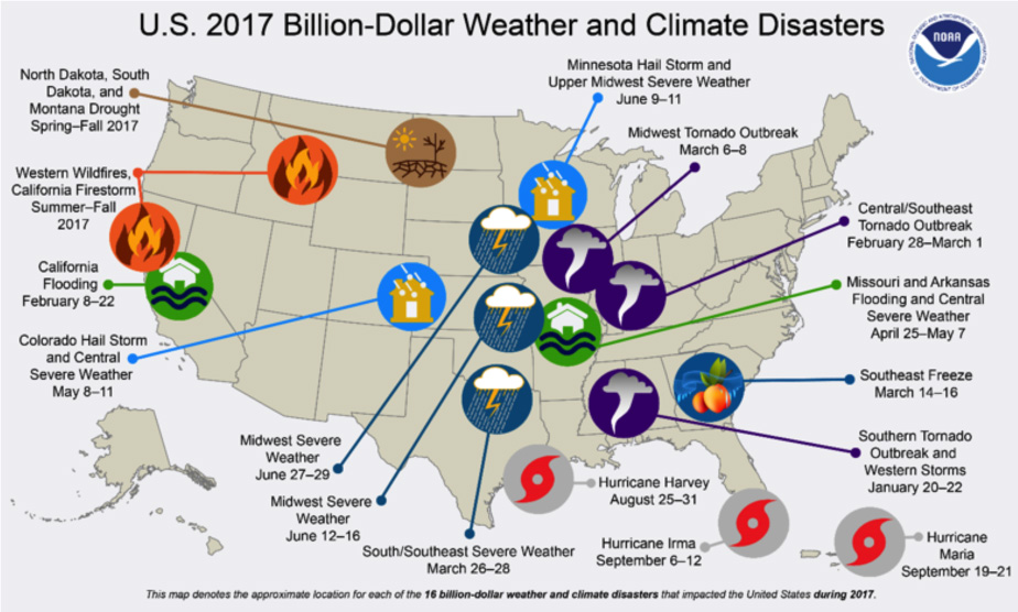 A map of the United States highlighting locations of weather disasters.