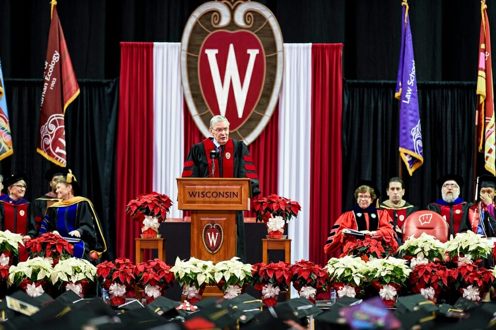 Photo of UW alum and former Commissioner of Baseball Allan "Bud" Selig speaking during the winter commencement ceremony