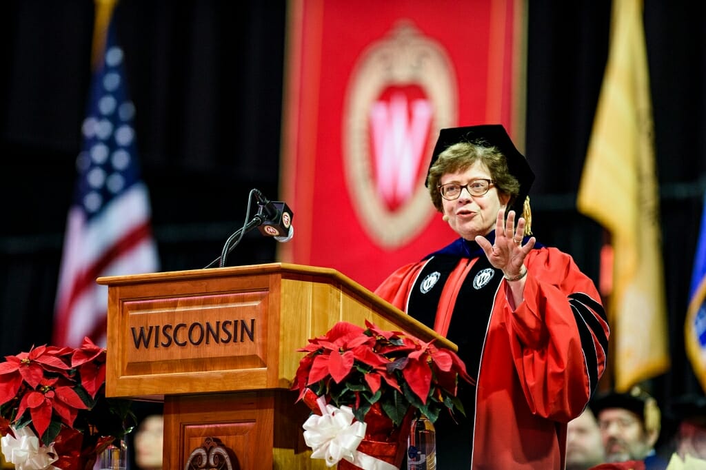 Photo of Chancellor Rebecca Blank speaking during the winter commencement ceremony