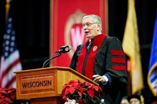 Photo of Allan "Bud" Selig delivering his address to the graduates.