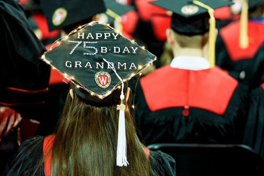 Photo of graduate's cap reading "Happy 75th B-Day Grandma"