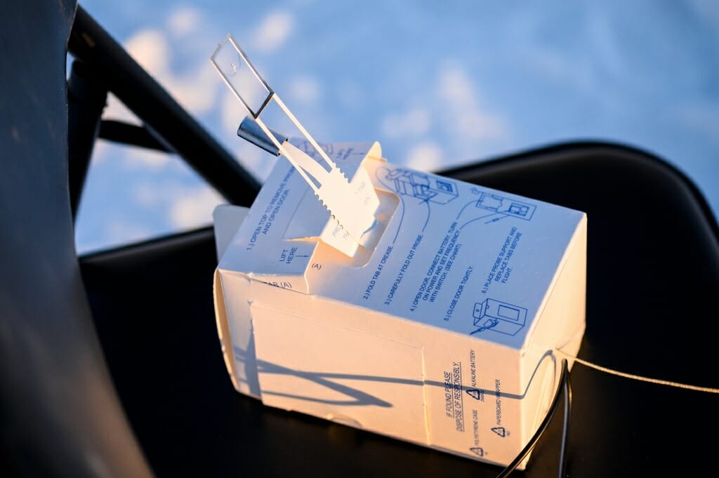 The weather balloon was used to send this radiosonde up to 20 miles above Earth’s surface. The instrument is equipped with sensors designed to gather temperature and humidity data as the balloon ascends, transmitting that data back to Petty’s computer. With it, he can also determine the location of the tropopause, the boundary between two layers of Earth’s atmosphere called the troposphere and the stratosphere.