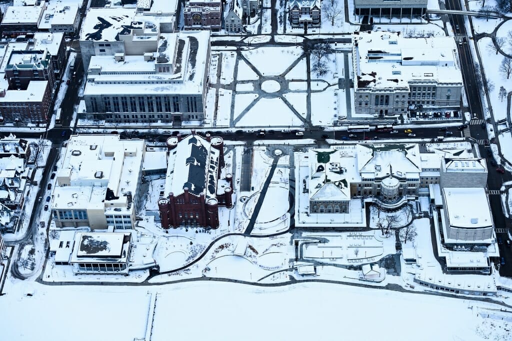 Photo: Aerial view of central campus buildings