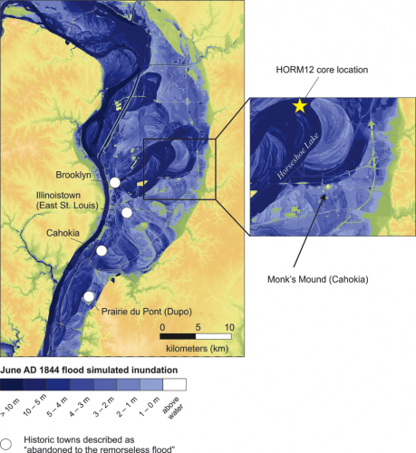 Graphic: Map of the geology of the Cahokia site, centered on a river.